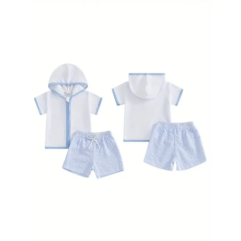 Toddler Boys Beach 2PC Outfit, Zipper Hoodie  Stripe Print Quick-Dry Shorts Set For Summer Swim Cover Up 7