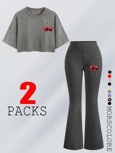 Women's Cherry Print Tee & Flare Leg Pants Two-Piece Set, Casual Fashion Cozy Round Neck T-shirt & Trousers for Daily Outdoor Wear, Ladies Clothes for All Seasons