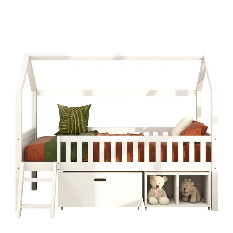 Household bed, children's bed, teen bed, 90*190cm, with drawers, with storage compartments, suitable for boys and girls, with anti-fall railings, white 3