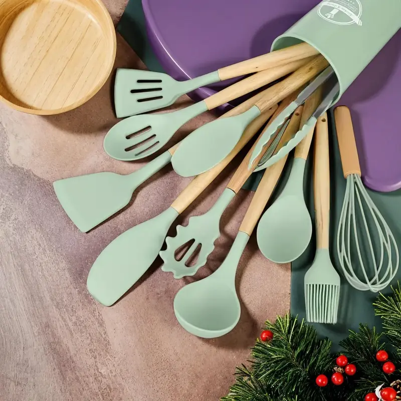 Kitchen Cooking Utensil Set, 12 Pcs Silicone Kitchen Cooking Utensil Set with Utensil Holder, Heat Resistant Non Stick Cooking Tool, Summer for Gift, Wooden, Handles 2