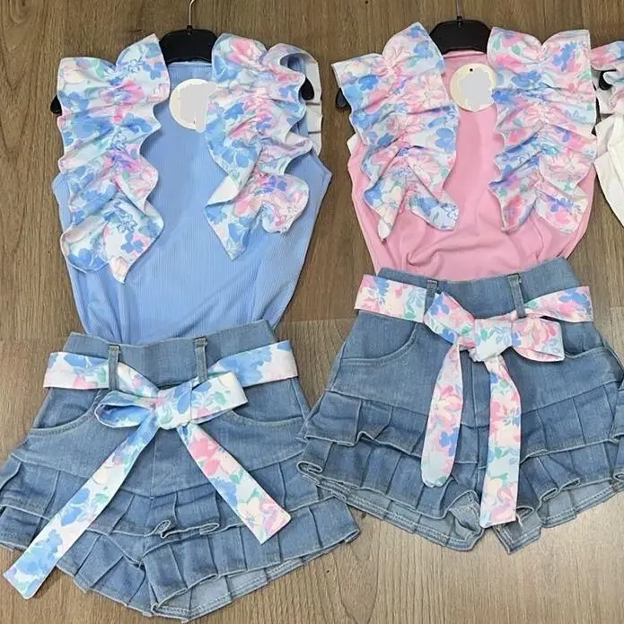 Ginger Ivy: THE FLOWER POWER summer ruffle top with denim fashion shorts to match for girls kids 2 3