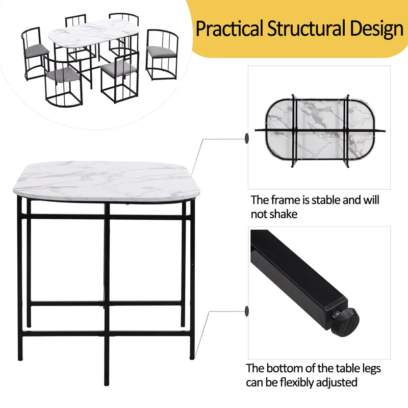Six-chair dining table set: (White table, chairs with backrests and gray cushions, black iron frame), dining room table and chair set, modern dining table combination 4