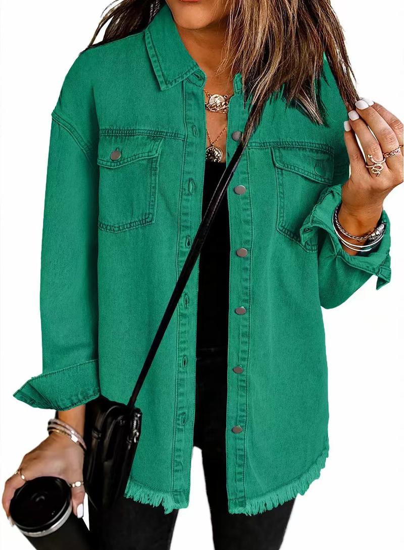 Product Introduction of Women's Denim Coat with Wiped Edge and Pockets - Pure Color Single-Breasted Cardigan Jacket for Loose Fit - Womenswear, Tops 17