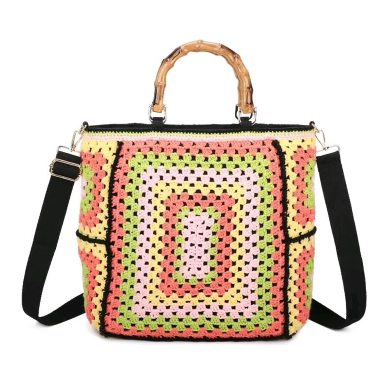 Large Crochet & Bamboo Handbag 6