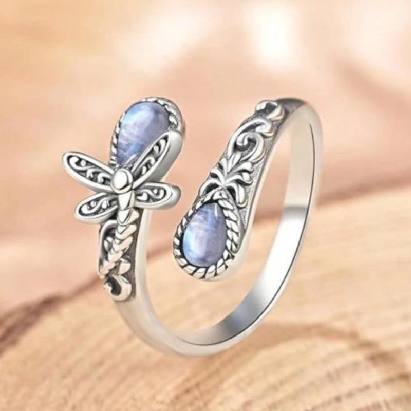 1pc Bohemian style moonstone dragonfly adjustable open ring, suitable for women daily wear, birthday gift 1