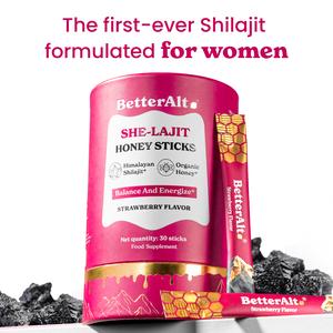 Women Multi-Mineral Honey Sticks | BetterAlt SHE-Lajit Strawberry Flavor | Shilajit, Shatavari & Saffron | Hormonal Balance & Energy - 30 Honey Packs