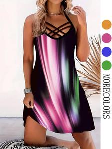 Plus Size Colorful Print Criss Cross Cami Dress, Boho Bohemian Dress, Fashion Spaghetti Strap Sleeveless Graphic Dress, Women Plus Size Clothing for Summer