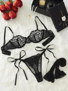 Women's 3pcs Floral Embroidery Bra & Tie Side Panty & Pantyhose Set, Sheer Lace Lingerie Set for All Seasons, Women's Lingerie & Underwear