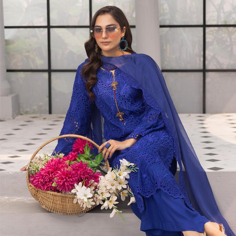 3 Pc Linen Chikenkari Ready to Wear Dress | Simrans | UMSIM4 3