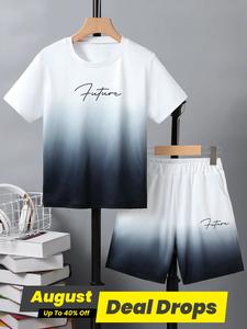Boy's Ombre Letter Print Short Sleeve T-Shirt Tee & Elastic Waist Shorts Set, Children Summer Outfits 2025, Casual Summer Outfits Clothes for Kids Daily Wear Holiday