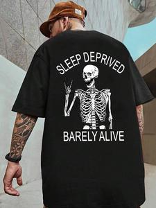 Men's Skeleton & Letter Print Drop Shoulder Tee, Loose Casual Comfy Half Sleeve Round Neck T-shirt for Summer, Halloween Fashion Men's Top for Daily Wear