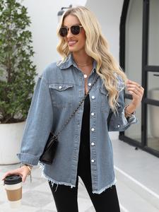Women's Plain Button Front Flap Pocket Denim Coat, Casual Drop Shoulder Long Sleeve Collared Outerwear for Spring & Fall, Ladies Clothes for Daily Wear