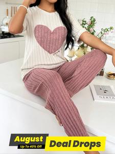 Women's Heart Print & Letter Embroidery Top & Elastic Waist Pants Pyjama Set, Fitted Breathable Round Neck Short Sleeve Tee & Ribbed Trousers Pj Set, Casual Comfy Sleepwear Set for Women, Pyjamas for Women, Pajamas