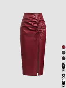 Women's Ruched Drawstring Split Thigh Pu Leather Skirt, Fashion Casual High Waist Long Skirt for Daily Wear, Women's Bottoms for Spring & Fall