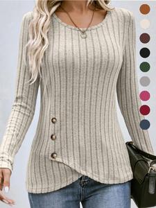 Women's Plain Buttons Asymmetrical Hem Wrap Knit Top, Casual Long Sleeve Round Neck Top for Spring & Fall, Women's Knitwear, Please Purchase A Size Up