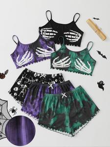 Women's Pumpkin Print Lettuce Trim Cami Top & Shorts Pyjama Set, Casual Crop Camisole & Bow Decor Elastic Waist Shorts, Women's Sleepwear for Summer