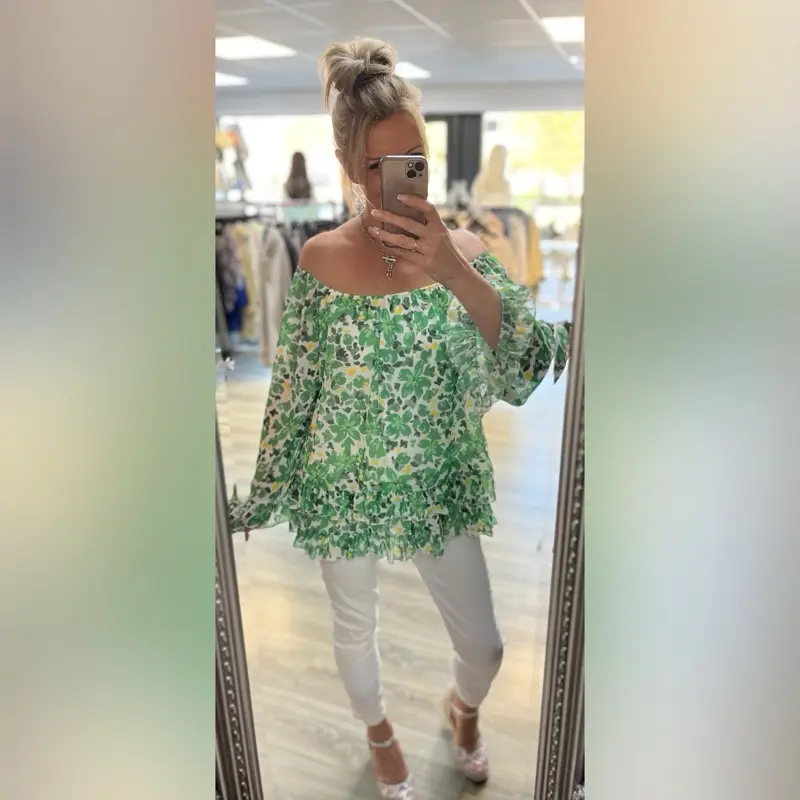 Women's Green Floral Print Bardot Top with Frill Sleeves - Elegance, Feminine, Style, Garment
