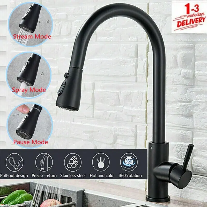 1pc Pull-Down Sprayer Kitchen Faucet Black, 360 Degree Kitchen Sink Mixer Taps Pull Out Spout Spray Single Lever Mono Tap- Included Accessory Kit 8