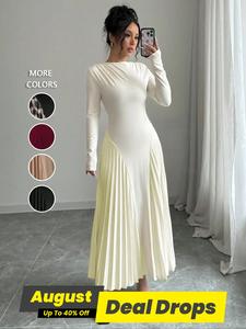 Women's Boat Neck Pleated A Line Dress, Elegant Casual Formal Minimalist Long Sleeve Ruched Long Dress for Party Holiday Wedding Guest, Slim Ladies Spring & Fall Clothes