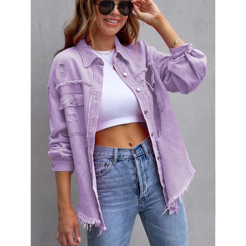2025 New Denim Jacket Women's Solid Color Loose Jacket Ripped Long Sleeve Women's Denim Shirt Hot Selling 5