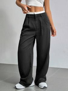 Women's Striped Print Pocket Wide Leg Pants, Casual Comfy Trousers for Daily Wear, Ladies Bottoms for All Seasons