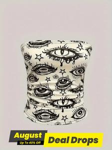 Women's Eye Print Tube Top, Fashion Casual Slim Strapless Top for Daily Outdoor Wear, Ladies Clothes for Summer, Boho Chic Sleeveless Womenswear, Backless Tube Tops