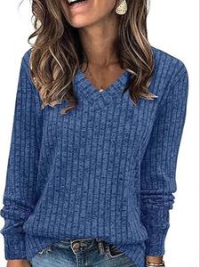 Women's Plain V Neck T-shirt, Casual Long Sleeve Jumper for Fall & Winter, Fashion Ladies' Knit Clothing for Daily Wear Knitwear