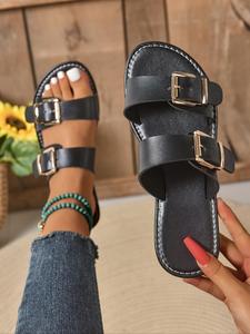 Women's Fashionable Solid Color Pu Leather Double Band Slides, Casual Comfortable Flat Lightweight Strappy Sandals for Summer, Lightweight Breathable Black Shoes for Daily Wear, Gifts for Her, Casual Outdoor Sandals