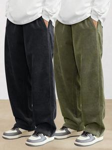 Men's Solid Corduroy Pants, Loose Casual Comfy Straight Leg Trousers for Fall & Winter, Men's Bottoms for Daily Wear