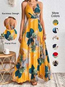 Women's Tropical Print Split Thigh Dress, Backless Hollow Out Design, Boho Style, All Season Wear, Perfect Vacation Dress