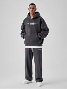 Men's Solid Letter Print Kangaroo Pocket Hooded Sweatshirt & Drawstring Waist Sweatpants Set, Loose Casual Comfy Long Sleeve Drawstring Hoodie & Pocket Straight Leg Trousers, Men's Spring & Fall Clothes, Winter outfits