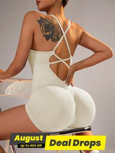 Women's Solid Criss Cross Backless Padded Sports Romper, Adjustable Strap Sleeveless Scrunch Butt Cami Bodycon Romper for Yoga Gym Fitness, Summer Workout Apparel, Workout Gym Clothing