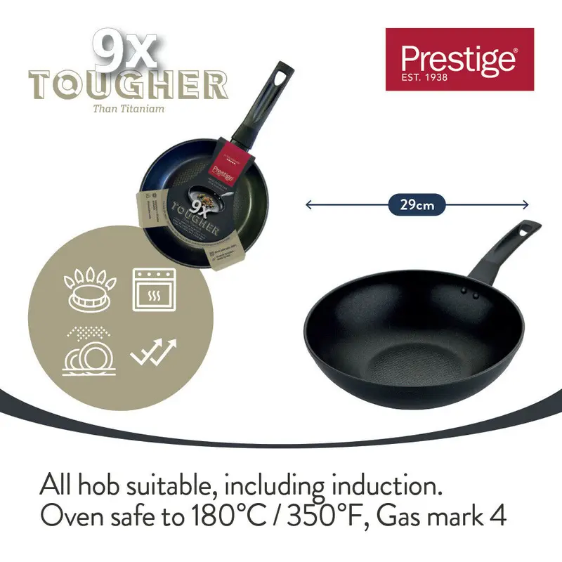 Prestige 9x Tougher Wok Frying Pan Dishwasher Safe Non Stick Induction Cookware, Stir Fry, Frying,  Oven Safe to 180C, 29 cm, Steel Stainless Induction Base 4