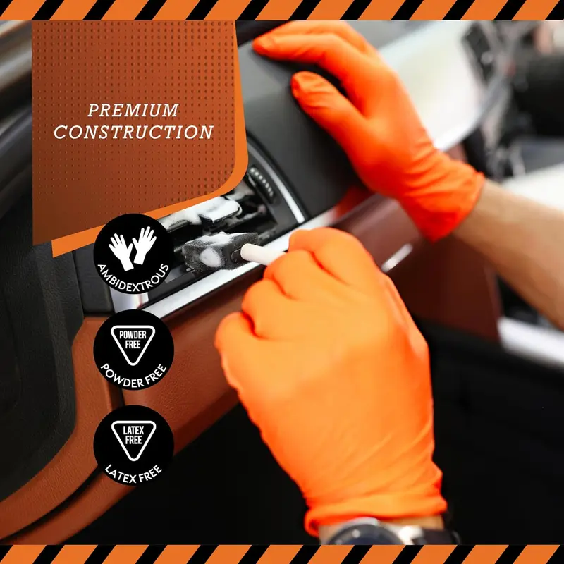 Medical Disposable Heavy Duty Mechanic Powder Free Latex Free Orange Diamond Grip Nitrile Gloves - Box of 50 (Large) 1