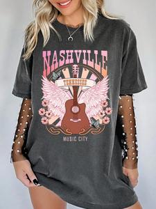 Women's Guitar & Letter Print Round Neck Graphic Tee, Vintage Trendy Casual Angel Wing Graphic Short Sleeve T-shirt for Daily Wear, Ladies All Seasons Outfit, Top