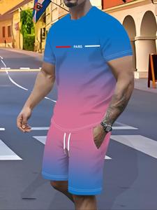 Men's Regular Fit Gradient Print Short Sleeve Tee & Shorts Two-Piece Set, Casual Round Neck T-shirt & Shorts, Summer Clothes Set for Men, Menswear