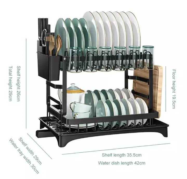 2 Tier Dish Drainer, Multifunctional Dish Drainer Rack, Rustproof Kitchen Dish Drying Rack Drainboard & Utensil Holder, Space-Saving Dish Kitchen Counter, Large, Black Storage Holders & Racks Cabinet Organizer Stainless Steel Waterproof Decor Installation 8