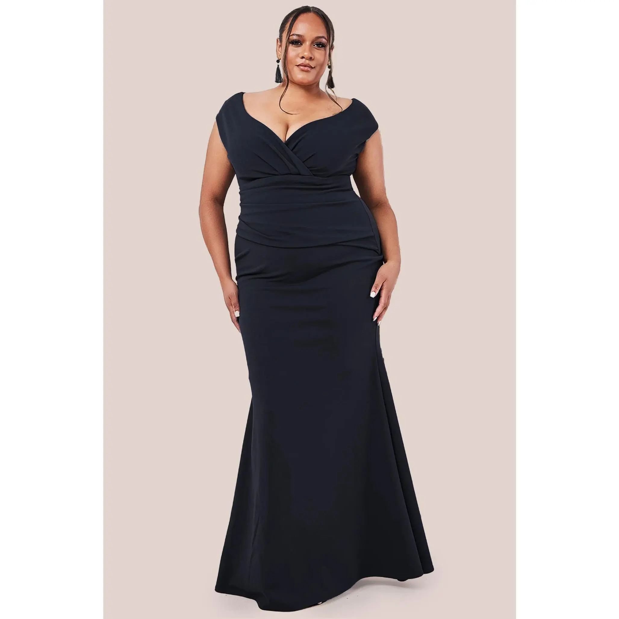 Goddiva Plus Bardot Pleated Maxi Dress - Black