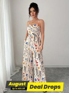Women's Floral Print Wide Leg Jumpsuit, Elegant Sleeveless Jumpsuit for Summer, Women's Jumpsuit for Beach Holiday