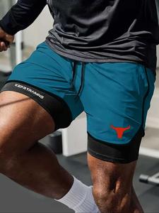 Men's Regular Fit Bull Head Print Quick Drying Breathable Training Shorts, Casual Comfy Gym Shorts for Beach Workout Running, Menswear for Summer, Athletic Shorts, Gymclothes