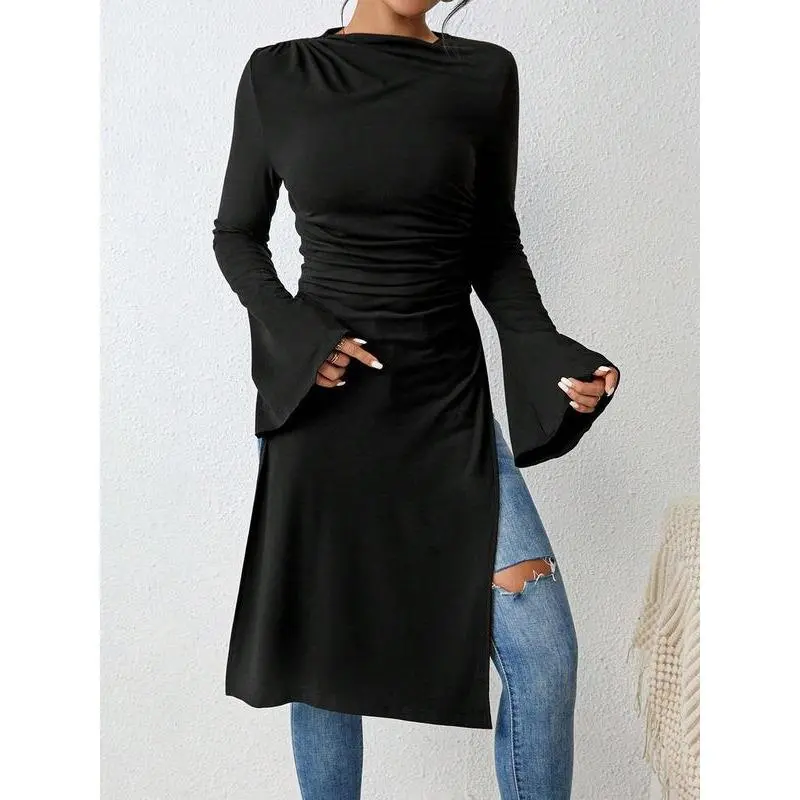 Women's Plain Ruched Flounce Sleeve Dress, Elegant Long Sleeve Round Neck Dress for Party Holiday Wedding Guest, Ladies Clothes for All Seasons 3