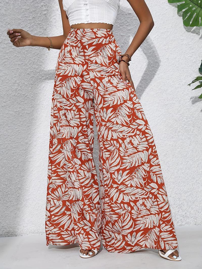 Product Introduction of Women'S Bohemian Floral Print Chiffon Wide-Leg Pants - High Waist, Elastic Waistband, Long Beach Trousers for Summer Vacation, Casual Elegant Style Womenswear Bottom Comfort 5