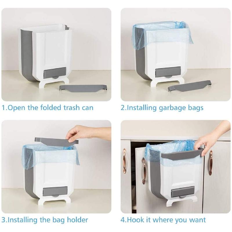 Folding Hanging Trash Can, Collapsible Home Recycle Trash Cans 9 litre Waste Bins Gabage Storage For Home Kitchen Cabinet Bathroom Car Office, White/Grey 8
