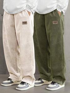 Men's Letter Patched Drawstring Waist Corduroy Pants, Casual Comfy Pocket Straight Leg Trousers for Fall & Winter, Men's Bottoms for Daily Wear