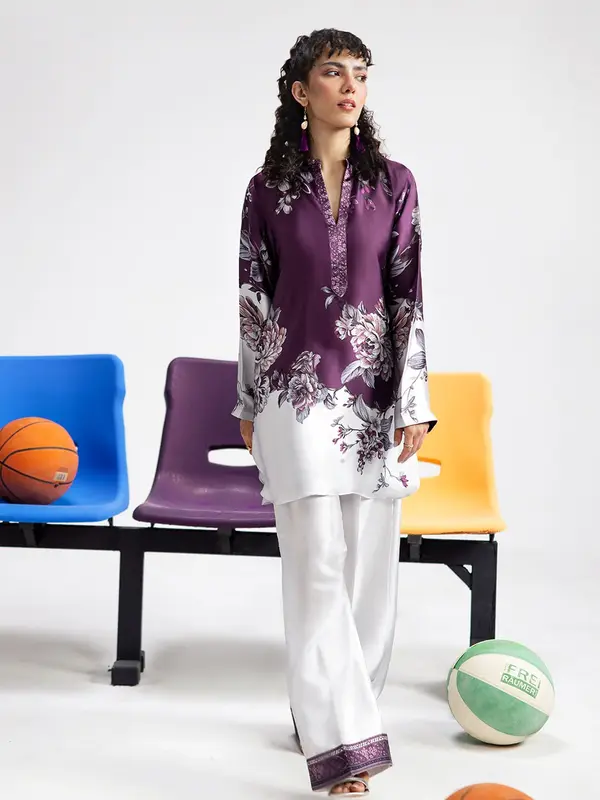 PURPLE SAPPHIRE AP-114 Digital Printed  shirt and straight pants on Crease Silk fabric 0