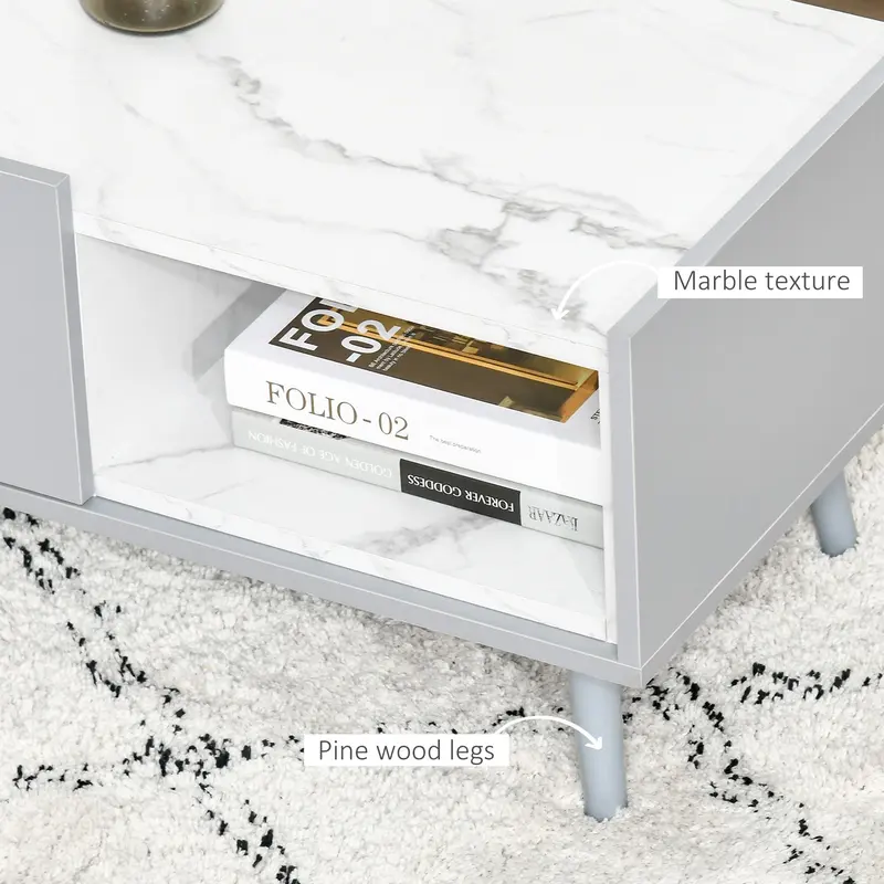 HOMCOM White Coffee Table with Faux Marble Top, 2-Tier Wood Center Table Sofa Table with Storage Drawer and Shelf for Home Living Room Reception Room 3
