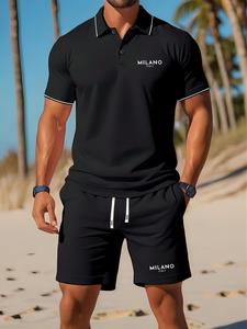 Two-Piece Set Men's Regular Fit Letter Print Short Sleeve Polo Shirt & Pocket Shorts Set, Casual Fashion Cozy Breathable Two-piece Outfits for Daily Outdoor Wear, Men Clothes for Summer