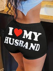 Women's Love & Letter Print High Waist Biker Shorts, Casual Comfy Breathable Bottoms for Daily Outdoor Wear, Ladies Clothes for Summer, Womenswear, High Waisted Shorts, Casual Athletic Shorts, Breathable Fitness Shorts, Athleisure Shorts