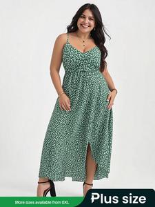 Plus Size Floral Print V Neck Cami Dress, Casual Sleeveless Spaghetti Strap Maxi Dress for Beach Holiday Vacation, Women's Plus Clothes for All Seasons, Plus Size Dresses, Casual Wear