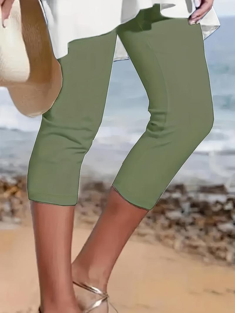 Product Introduction of Plus Size Solid Skinny Capris Leggings, Women's Casual Crop For Spring & Summer 5